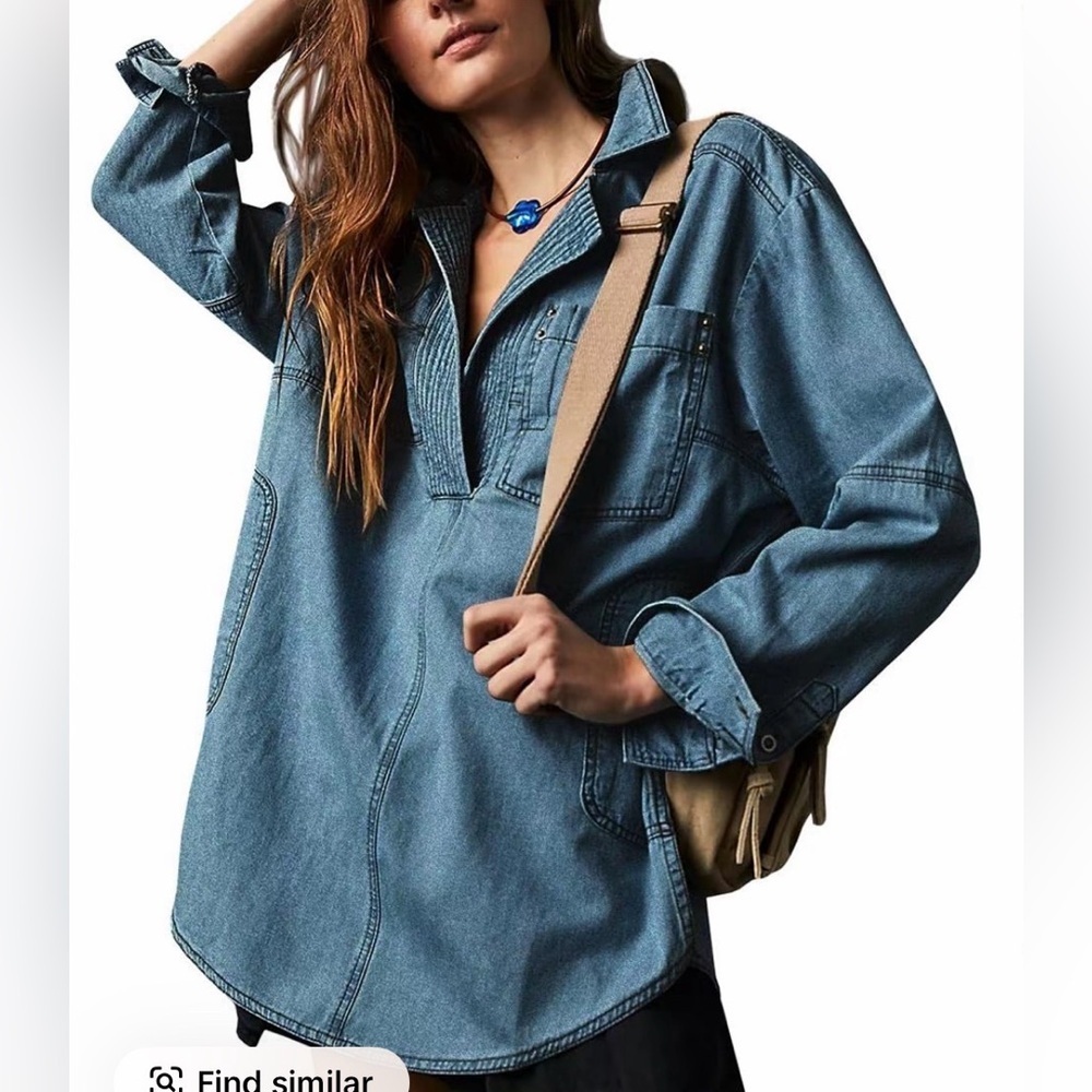 Imily Bela Women's Denim Pullover V Neck Long Sleeve Jean Jacket with Pocket